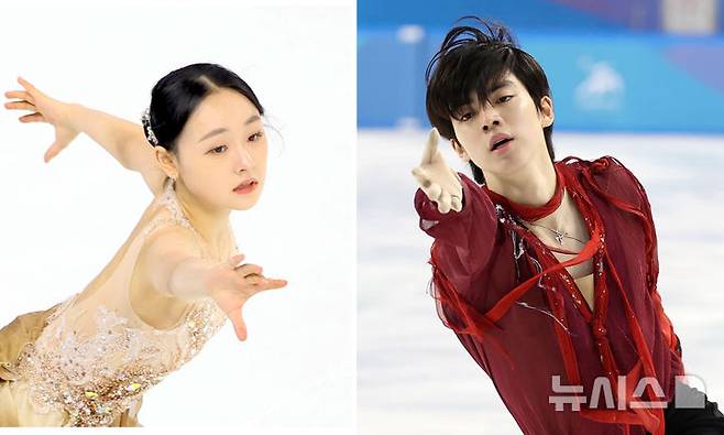[하얼빈(중국)=뉴시스] 김선웅 기자 = 13일(현지 시간) 중국 하얼빈 헤이룽장 빙상훈련센터에서 열린 2025 하얼빈 동계 아시안게임 남녀 피겨스케이팅 싱글 각 종목에서 김채연(왼쪽)과 차준환이 각각 금메달을 차지했다. 2025.02.13. mangusta@newsis.com