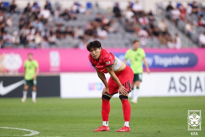 지난 6월 용인미르스타디움에서 열린 호주와의 22세 이하(U-22) 축구대표팀 당시 배준호. /사진=대한축구협회 제공