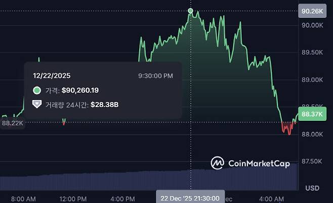 비트코인이 22일(한국시간) 밤에 장중 9만달러를 돌파했지만 전문가들은 상승세가 계속되지 않을 것으로 전망했다. (사진=코인마켓캡)