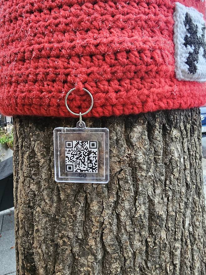 A QR code attached to a knitted piece covering a tree allows passersby to access information about the artist and the work. (Choi Jae-hee/The Korea Herald)