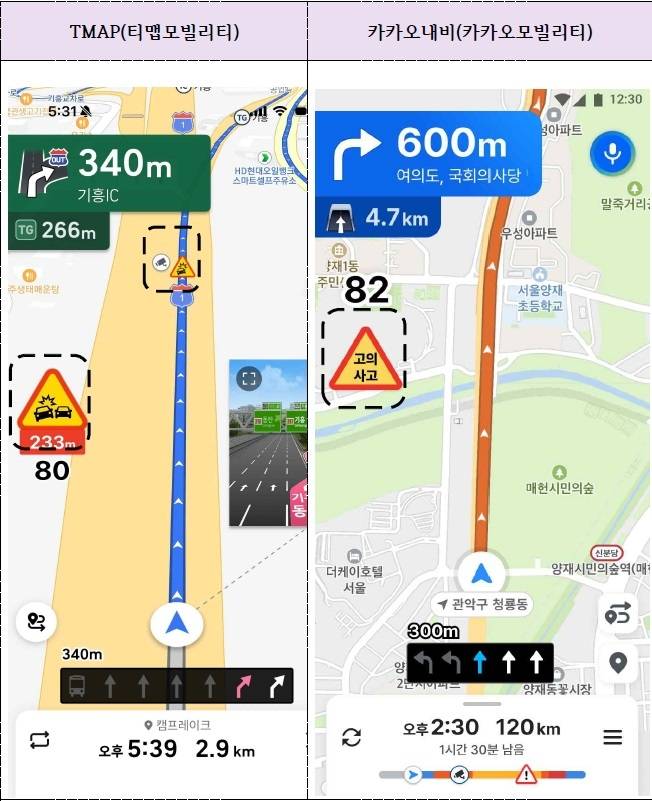 내비게이션 고의사고 다발지역 음성안내 서비스 화면 예시. [금융감독원 제공]