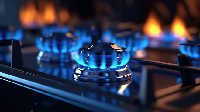 가정용 가스레인지에서 가스가 연소되며 파란 불꽃을 내고 있다. 123rf