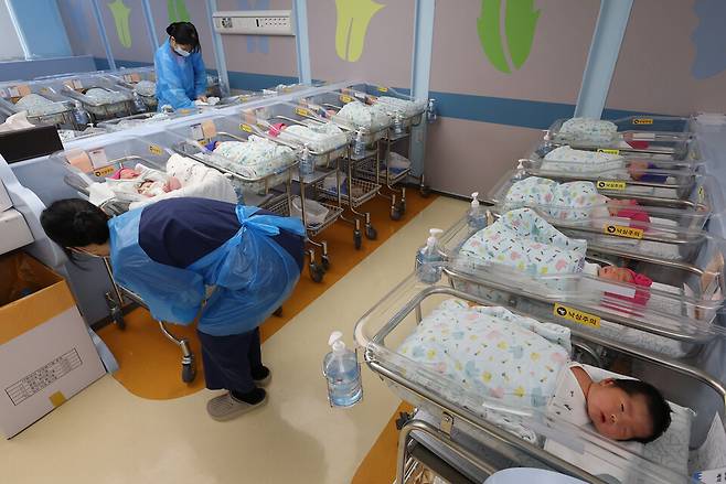 11월26일 경기도 고양시 CHA의과학대학교 일산차병원 신생아실에서 간호사들이 신생아를 돌보고 있다. ⓒ연합뉴스