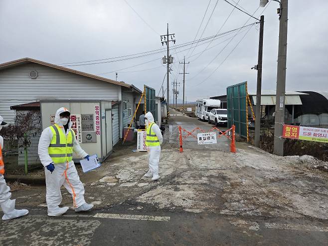 성탄절 전날인 24일 오전 전남 나주시 동강면 A 종오리 농장. 이날 농장에선 H5형 조류독감(AI) 항원이 발견됐다. 입구엔 '긴급방역 출입통제' 표지판이 세워졌다. /임지섭 기자 ljs@namdonews.com