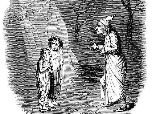 『크리스마스 캐롤』 삽화에 나오는 스크루지가 어려운 사람들의 도움 요청을 거절하는 모습.