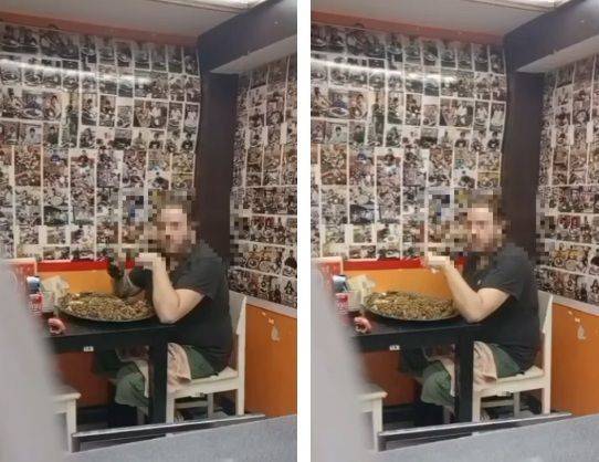 8㎏ 카레 먹기 챌린지 도중 밥을 들었다가 주머니에 넣는 모습. 골든커리방콕 SNS 갈무리