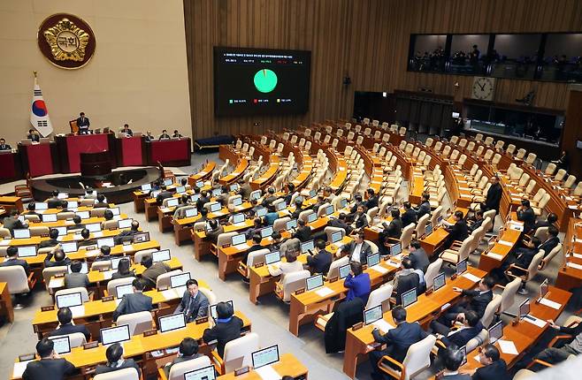 24일 서울 여의도 국회에서 열린 제430회국회(임시회) 제2차 본회의에서 정보통신망 이용촉진 및 정보보호 등에 관한 법률 일부개정법률안(대안)이 통과되고 있다.