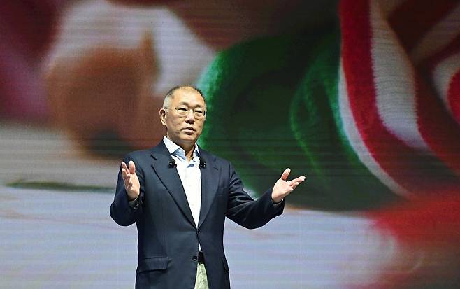 정의선 현대차그룹 회장이 2025년 신년회에서 그룹 임직원들에게 새해메시지를 전하고 있다. [현대차그룹 제공]