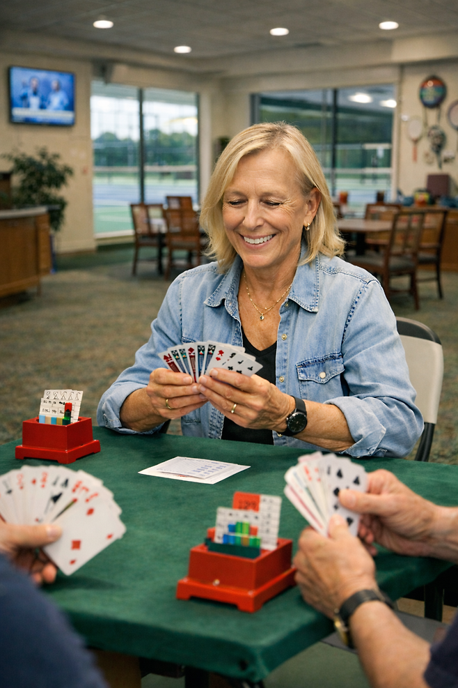 The scene of Narvatilova enjoying bridge was reproduced with an AI composite image. 