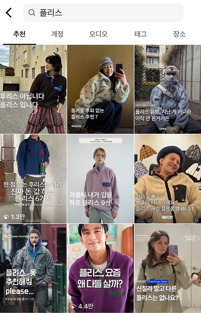 인스타그램에서 플리스를 검색하면 나오는 영상들. /인스타그램