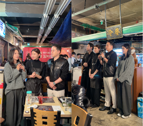 ‘차장금’으로 유명한 배우 차예련(왼쪽 사진 가운데)와 협업해 들기름 김치찜을 출시한 AWW. 최선정 공동대표(왼쪽 사진 좌)와 이상원 공동대표(왼쪽 사진 우)가 팝업행사에서 함께 자리했다. (사진=AWW 제공)