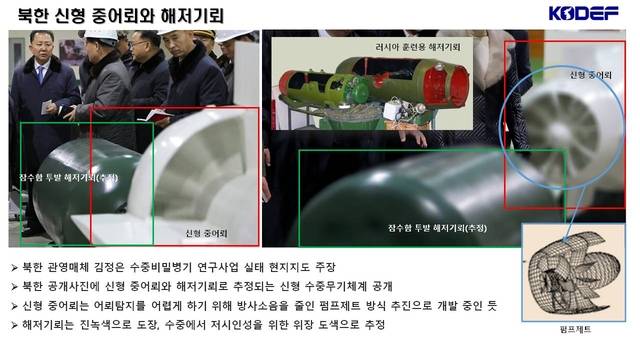 25일 북한이 공개한 수중비밀병기 신형 중어뢰는 방사소음을 줄인 펌프제트 방식 추진으로 개발중인 것으로 보인다. 한국국방안보포럼/유용원 의원실 제공