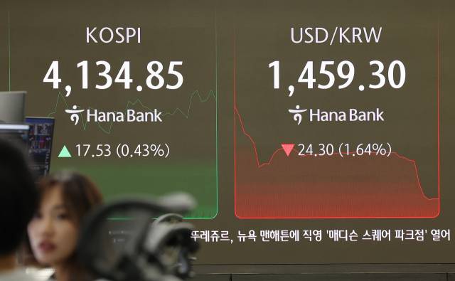 크리스마스이브인 24일 오전 서울 중구 하나은행 본점 딜링룸 현황판에 원/달러 환율이 표시돼 있다. 연합뉴스