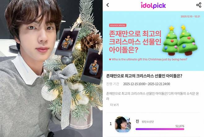 '존재만으로 최고의 크리스마스 선물' 방탄소년단 진, 아이돌픽 위클리 31주 연속 1위