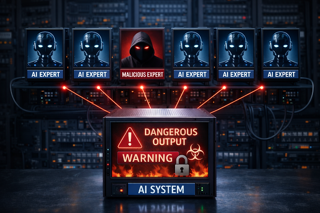 거대언어모델(LLM)의 전문가 혼합(MoE) 구조를 악용한 공격 기법을 설명한 AI 생성 이미지. KAIST 제공