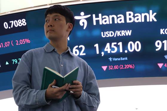 The won-dollar exchange rate falls sharply on Dec. 24 after the government rolls out currency measures and authorities deliver verbal intervention, with a display board at a Hana Bank branch in central Seoul, showing the rate at 1,451 won. [NEWS1]