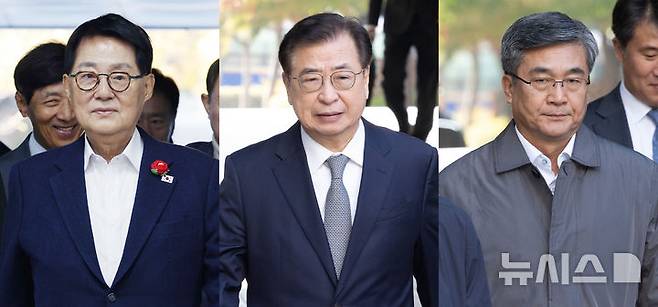 [서울=뉴시스] 김진아·황준선 기자 = 사진은 '서해 공무원 피격 사건' 은폐 시도 및 '월북몰이' 혐의로 재판에 넘겨진 박지원(왼쪽부터) 전 국정원장, 서훈 전 국가안보실장, 서욱 전 국방부 장관. 2025.11.05. hwang@newsis.com