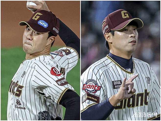 윤성빈(왼쪽)과 구승민이 내년 시즌 롯데 불펜의 과부하를 해소할지 주목된다. 사진제공｜롯데 자이언츠