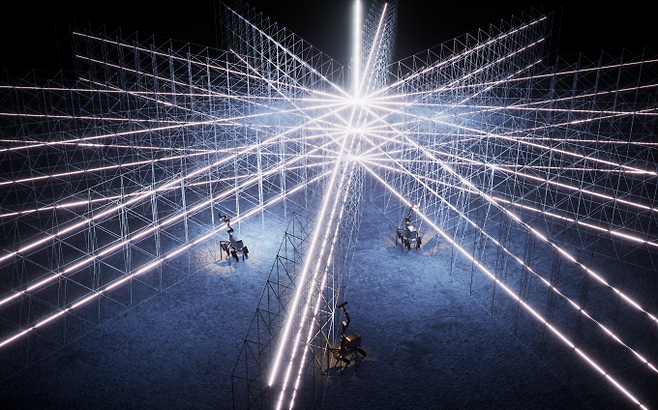 2025년 베니스 건축 비엔날레에서 발표한 달 표면 데이터센터 건설 계획안. 사족보행 이동로봇들이 3D 프린팅 시스템을 통해 데이터센터를 건설하는 가상 시나리오를 표현했다. 베이스앤파워시티 제공