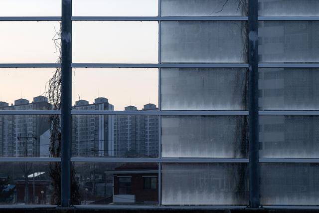 지난 24일 충남 서산시 인지면 둔당리 방음벽 모습. 이곳은 별다른 기준 없이 임의로 유리벽의 절반에만 조류충돌 방지 필름을 시공해 둔 상태다. 그마저도 오랜 기간 관리가 이뤄지지 않아, 노후화한 필름이 투명도를 잃고 뿌옇게 변색되어 있다. 서산=하상윤 기자