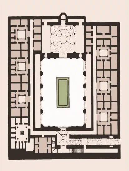 학교 가운데 대중정을 두고, 기숙사 작은 방들을 중심으로 작은 중정을 따로 둔 메데르사 벤 유세프 구조도. [사진 메데르사 벤 유세프]