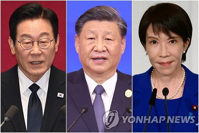 한중일 정상 이재명 대통령(왼쪽부터), 시진핑 중국 국가주석, 다카이치 사나에 일본 총리 [신화·AP=연합뉴스·연합뉴스 자료사진. 재판매 및 DB 금지]