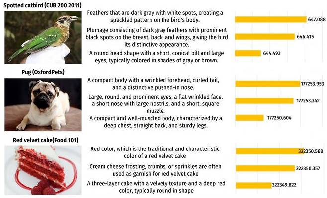 대형언어모델(LLM)이 생성한 이미지 설명문과 인공지능이 계산한 영향 점수(Influence Score) 예시.