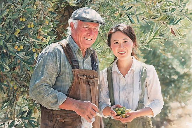 한겨레가 인공지능 미드저니에 “여름철 올리브 나무가 빼곡히 심겨진 농장 앞, 70대 백인 남성과 30대 초반의 아시아 여성이 손에 올리브를 가득 쥐고 함께 서서 미소 짓고 있는 장면을 색연필 스타일로 묘사해줘”라는 지시어를 입력해 생성한 이미지.