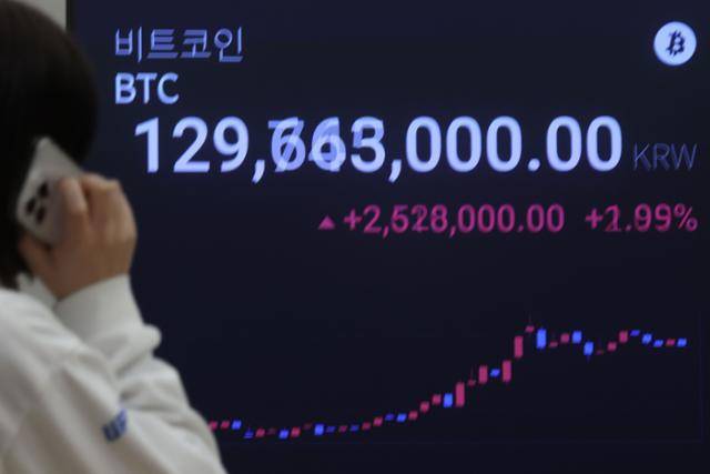 19일 서울 강남구 업비트 고객센터 시황판에서 비트코인 가격이 표시되고 있다. 가상자산 시장이 글로벌 금융시장과 엇갈린 흐름을 보이며 하락세를 이어가고 있다. 뉴시스