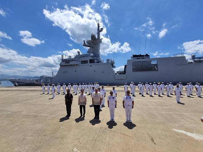 A ceremony marking the arrival of the Philippine Navy's Miguel Malvar-class frigate, built by Korea’s HD Hyundai Heavy Industries, is held at the Subic naval base on Luzon Island in northern Philippines on April 8. [EMBASSY OF THE REPUBLIC OF KOREA IN THE PHILIPPINES]