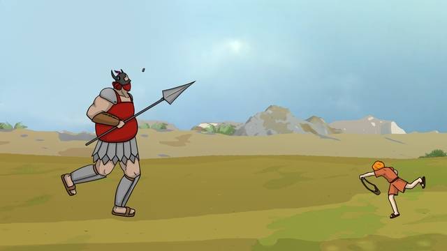 골리앗에게 도전하는 다윗의 모습. CGN ‘갓툰(GODTOON)’의 첫 장편 애니메이션 ‘다윗’의 스틸컷. CGN 제공