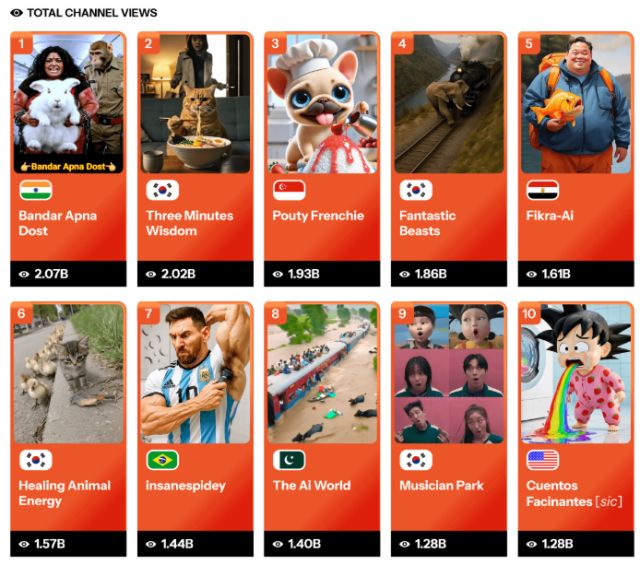 글로벌 동영상 편집 플랫폼 캡윙에 따르면 상위 유튜브 채널 1만5000개 중 278개 채널이 ‘AI 콘텐츠 공장’ 형태로 운영되고 있고 누적 조회수는 630억회를 넘어섰다. 이중 한국에 기반을 둔 11개 채널의 조회수가 총 84억회로 가장 많은 시청횟수를 기록했다. [캡웽 제공]