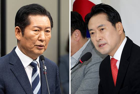 정청래 더불어민주당 대표가 지난 26일 국회에서 열린 기자간담회에서 김병기 원내대표 논란을 “심각하게 보고 있다”고 말했다(왼쪽 사진). 장동혁 국민의힘 대표는 28일 기자간담회에서 “여당 원내대표는 자기 비리 시리즈를 폭로한 보좌관들과 싸우기 바쁘다”고 말했다. 장진영 기자, [뉴스1]