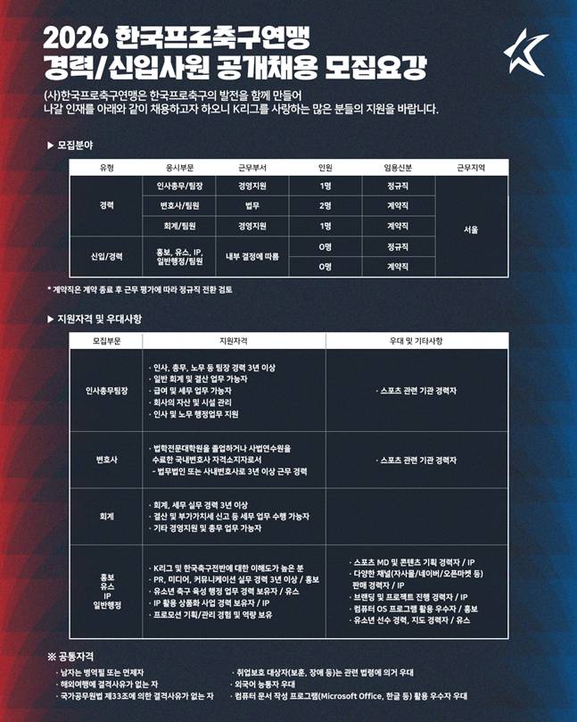 2026 한국프로축구연맹 채용 공고. /사진=한국프로축구연맹 제공
