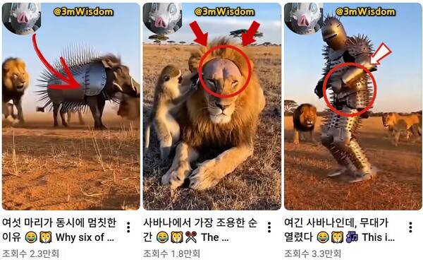 ▲ 구독자 160만 명이 넘는 국내 'AI 슬롭' 유튜브 채널 '3분 지혜' 콘텐츠 목록 갈무리.