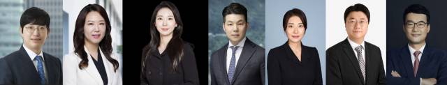 서울경제신문이 선정한 '2025년 7대 로펌 라이징 스타 변호사' 김태오(왼쪽부터·39기) 김앤장 법률사무소 변호사, 강채원(변시 3회) 법무법인 세종 변호사, 박지형(41기) 법무법인 광장 변호사, 정윤형(39기) 법무법인 태평양 변호사, 김가영(40기) 법무법인 율촌 변호사, 박기만(38기) 법무법인 화우 변호사, 이태현(36기) 법무법인 지평 변호사. 사진제공=각 사.