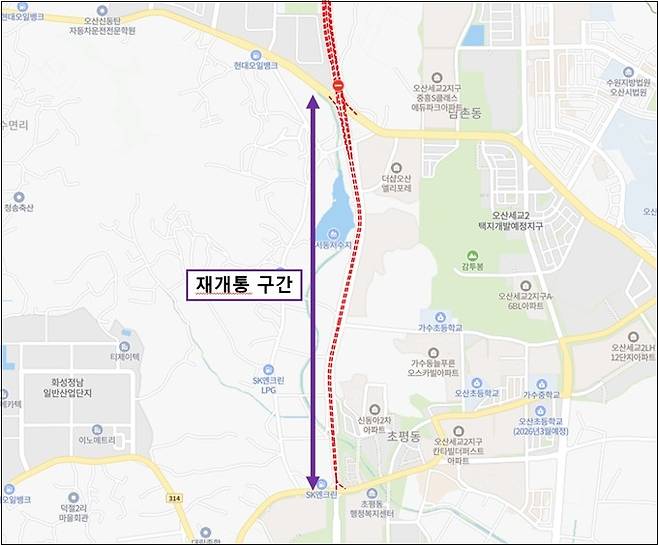 통행 재개 예정인 오산 서부우회도로 가장교차로~초평사거리 구간 [오산시 제공. 재판매 및 DB 금지]