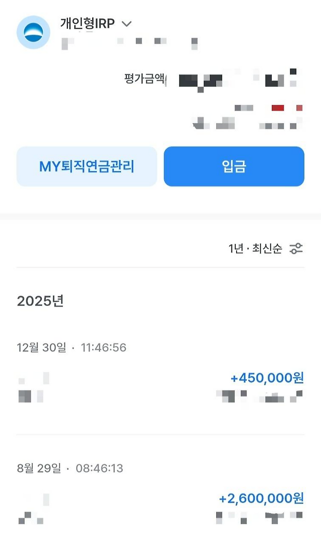 연말정산을 대비해 납입해 온 직장인 이모씨의 개인형퇴직연금(IRP) 계좌 내역. 30일 세액공제 마감을 하루 앞두고 45만 원을 추가로 납입했다. 이씨 제공