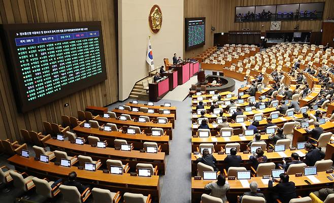 Lawmakers pass the antidisinformation bill led by the ruling Democratic Party during a plenary session of the National Assembly’s December extraordinary session in Yeouido, western Seoul, on Dec. 24. [YONHAP]