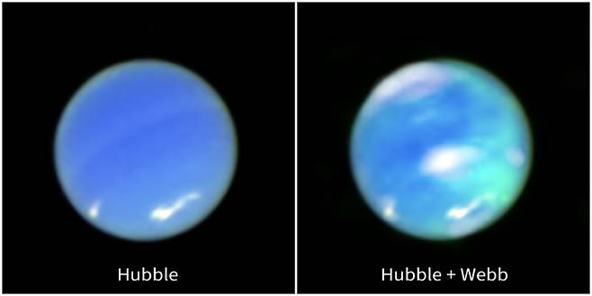 허블과 제임스웹의 관측데이터를 합쳐 발견한 해왕성의 오로라 모습.  NASA, ESA, CSA, STScI