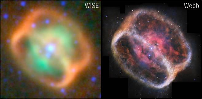 행성상 성운 NGC 1514의 두 가지 적외선 뷰. 왼쪽은 NASA의 광역 적외선 탐사 탐사선(WISE)의 관측 모습입니다. 오른쪽은 NASA의 제임스 웹 우주 망원경에서 촬영한 더 정교한 이미지입니다. NASA, ESA, CSA, STScI, NASA-JPL, Caltech, UCLA