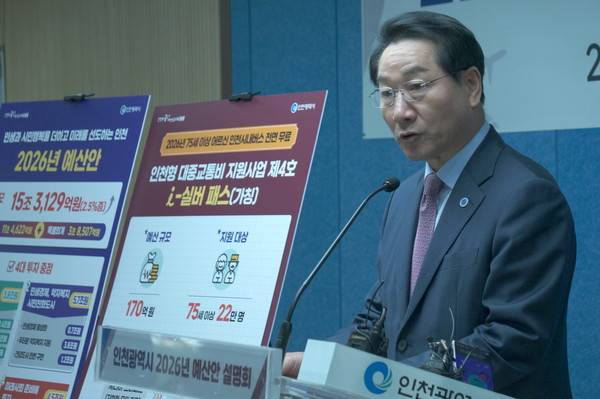 2026년도 인천시 본예산(안) 설명하는 유정복 인천시장. [사진 = 이장원 기자]