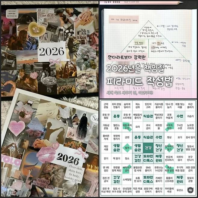 사회관계망서비스(SNS) 인스타그램에 올라온 각종 새해계획표 갈무리. 왼쪽부터 시계방향으로 비전보드, 만다라트, 피라미드 작성법. (출처 : azoria.artstudio, yumyumyum_80, ggomji_diary)