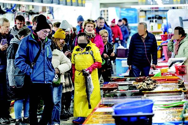 지난해 부산을 방문한 외국인 관광객 수가 사상 처음으로 350만 명을 돌파할 것으로 추산되는 가운데 지난달 부산 중구 자갈치 시장을 찾은 외국인 관광객이 수산물을 둘러보고 있다.  이원준 기자 windstorm@kookje.co.kr