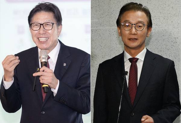 지난달 부산 금정구 범어사 선문화교육관에서 열린 ‘2025 부산시민대토론회’에서 박형준 부산시장이 모두발언을 하고 있다. 오른쪽은 최근 통일교 금품 수수 의혹으로 경찰 수사를 받고 있는 전재수 더불어민주당 의원. 국제신문 DB
