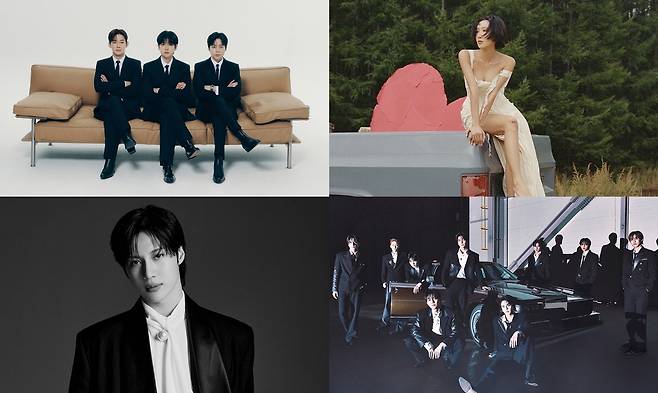 A lineup of performers for "Dream Concert 2026." Clockwise from top left: boy band EXO's subunit EXO-CBX, singer Hwasa, singer Taemin of boy band SHINee and boy band The Boyz [SM ENTERTAINMENT, P NATION, BIG PLANET MADE, ONE HUNDRED LABEL]