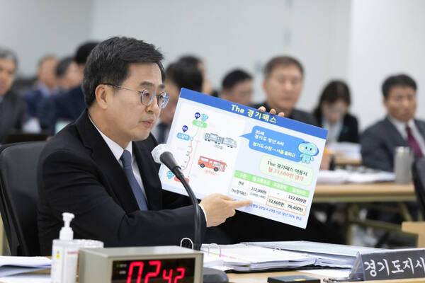 지난 2023년 10월23일 경기도청 다목적회의실에서 열린국토교통위원회 국정감사에서 김동연 경기도지사가 The 경기패스와 관련해 도정질의에 답변을 하고 있다. 경기도 제공