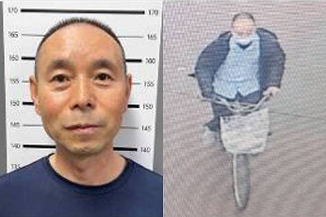 차철남 머그샷. 오른쪽은 지난해 5월19일 경기 시흥시 정왕동 인근에서 흉기를 휘두른 뒤 자전거를 타고 도주하는 차철남 모습.&nbsp;경기남부경찰청·시흥경찰서 제공