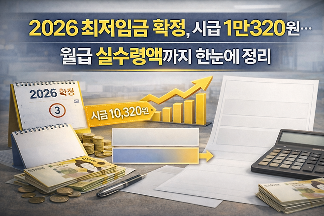 2026 최저임금 확정 시급 1만320원 월급 실수령액 계산기까지 한눈에 정리