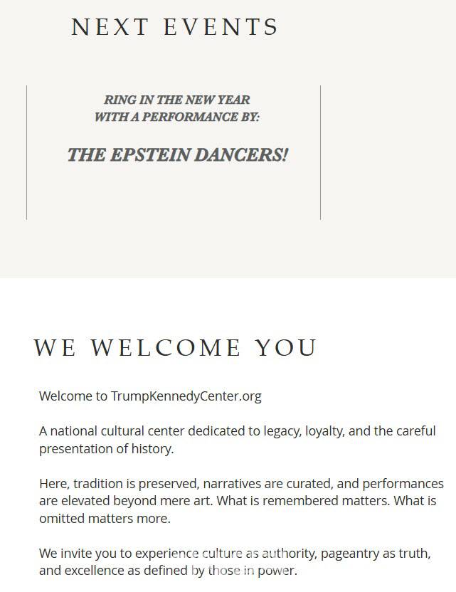 트럼프케네디센터 패러디 사이트 화면 갈무리. ‘엡스타인 무용단(Epstein Dancers)’이라는 가상의 공연 안내가 보인다.